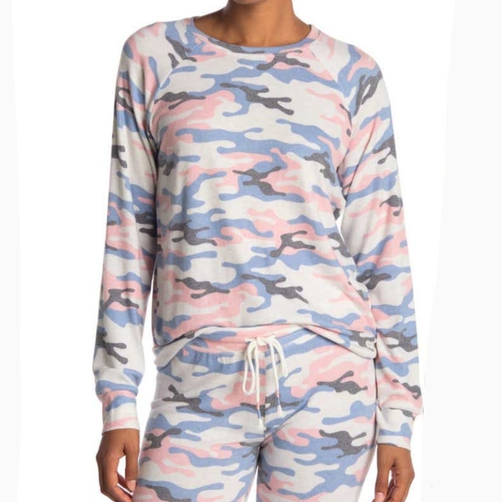 PJ Salvage Pullover Camouflage Print Long Sleeve Brushed Knit Blue Pink L NWT - Picture 2 of 13